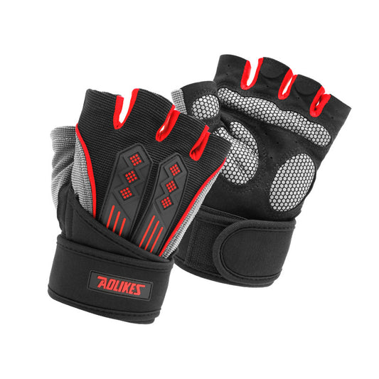 M Red Fingerless Workout Gloves with Wrist Support - Non-Slip, Breathable Gym Gloves for Weightlifting and V888-ELOSUNG46643