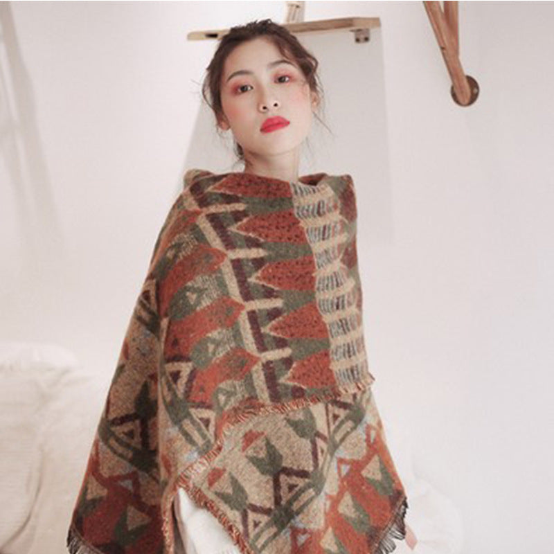Red-beige Extra Large Ethnic Print Faux Lambswool Shawl - Cozy Winter Wrap Scarf (70x211cm) V888-ELOSUNG46667