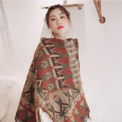 Red-beige Extra Large Ethnic Print Faux Lambswool Shawl - Cozy Winter Wrap Scarf (70x211cm) V888-ELOSUNG46667
