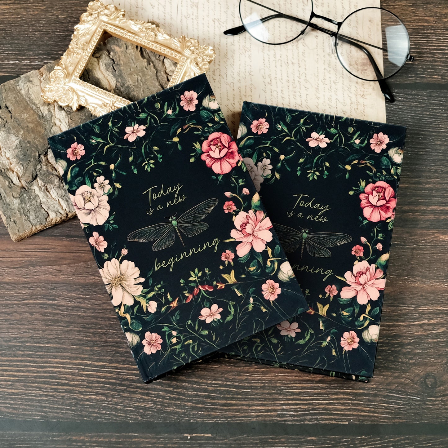 2PCS Elegant Vintage Floral Hardcover Notebook | Today is a New Beginning Dragonfly Journal | Creative A6 V888-ELOSUNG46680