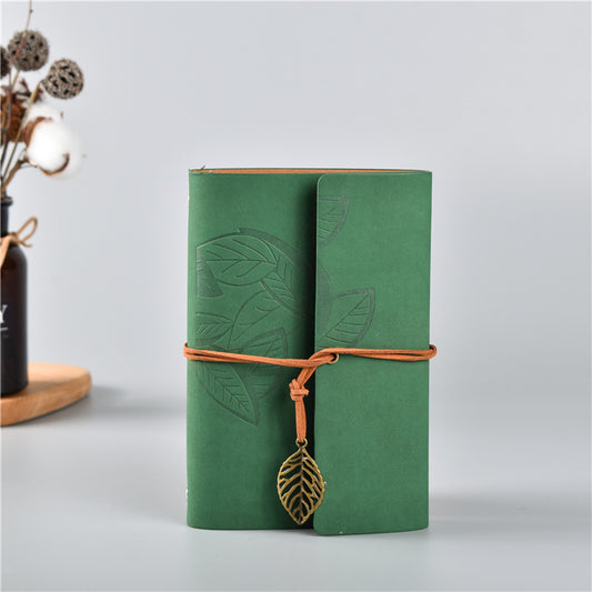 2PCS Green Vintage A5 PU Leather Journal with Leaf Charm - Ring Bound Refillable Notebook Set V888-ELOSUNG46698
