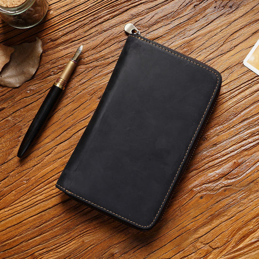 Black Genuine Crazy Horse Leather Fountain Pen Case Zippered Organiser Vintage Stationery Holder V888-ELOSUNG46702