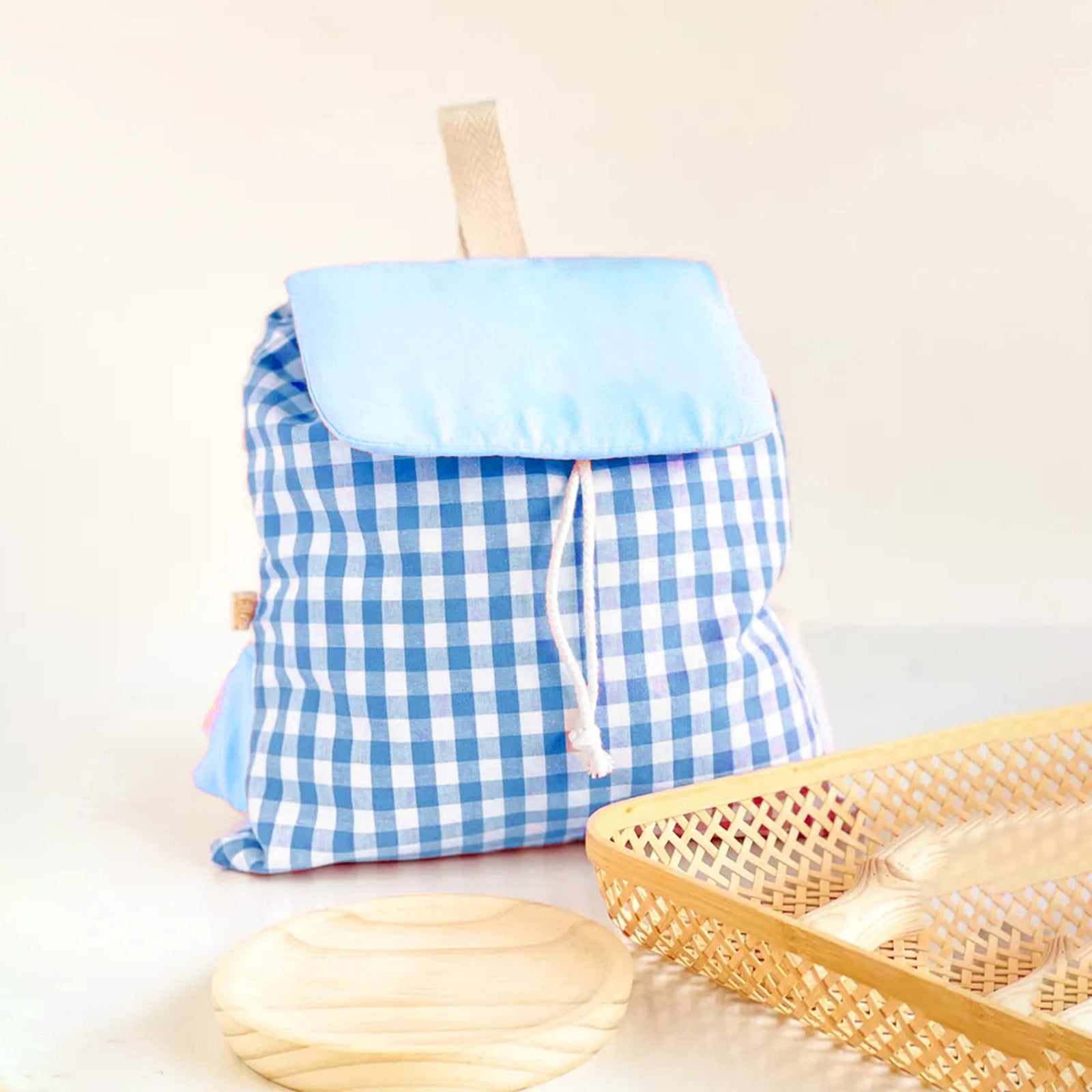 Blue Trendy Gingham Checkered Canvas Backpack | Aesthetic Student School Bag | Casual Daily Travel Daypack V888-ELOSUNG46727