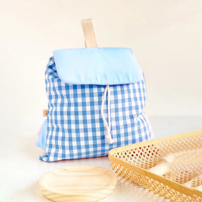 Blue Trendy Gingham Checkered Canvas Backpack | Aesthetic Student School Bag | Casual Daily Travel Daypack V888-ELOSUNG46727