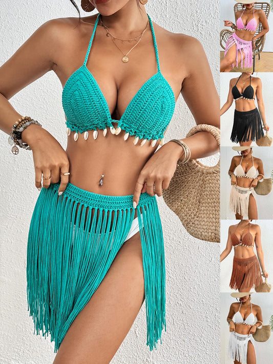 Beige Women's Hand-Crocheted Two-Piece Bikini Set with Shell Accents and Tassel Skirt V888-ELOSUNG47008