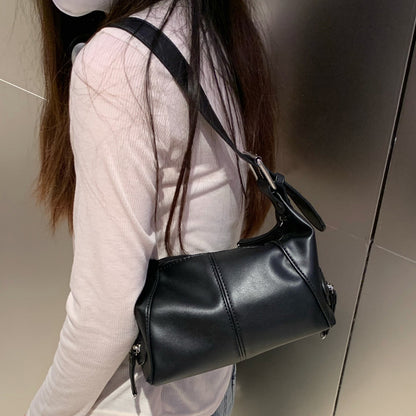 Black PU Leather Zippered Shoulder Bag - Retro European Style Crossbody and Handheld Bag V888-ELOSUNG47010