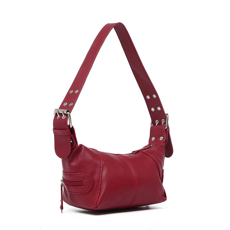 Red PU Leather Zippered Shoulder Bag - Retro European Style Crossbody and Handheld Bag V888-ELOSUNG47012