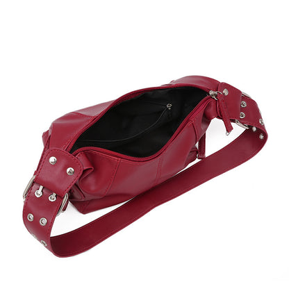 Red PU Leather Zippered Shoulder Bag - Retro European Style Crossbody and Handheld Bag V888-ELOSUNG47012