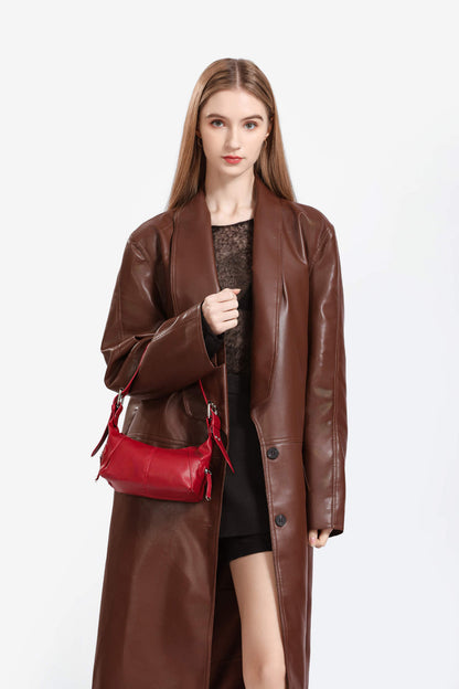 Red PU Leather Zippered Shoulder Bag - Retro European Style Crossbody and Handheld Bag V888-ELOSUNG47012