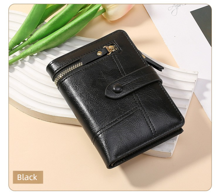 Black Soft PU Leather Women's Wallet - Compact Foldable Wallet with Multiple Card Slots and Zippered V888-ELOSUNG47017