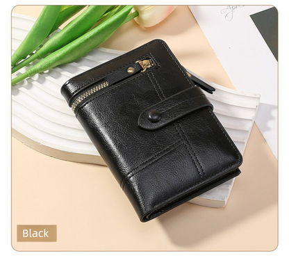 Black Soft PU Leather Women's Wallet - Compact Foldable Wallet with Multiple Card Slots and Zippered V888-ELOSUNG47017