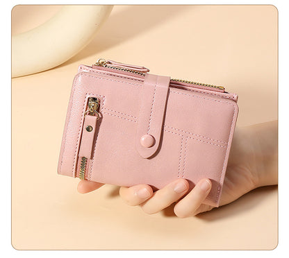 Pink Soft PU Leather Women's Wallet - Compact Foldable Wallet with Multiple Card Slots and Zippered V888-ELOSUNG47018