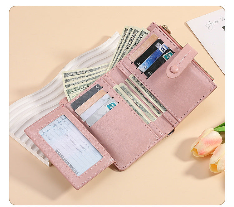 Pink Soft PU Leather Women's Wallet - Compact Foldable Wallet with Multiple Card Slots and Zippered V888-ELOSUNG47018