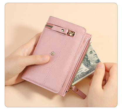 Pink Soft PU Leather Women's Wallet - Compact Foldable Wallet with Multiple Card Slots and Zippered V888-ELOSUNG47018