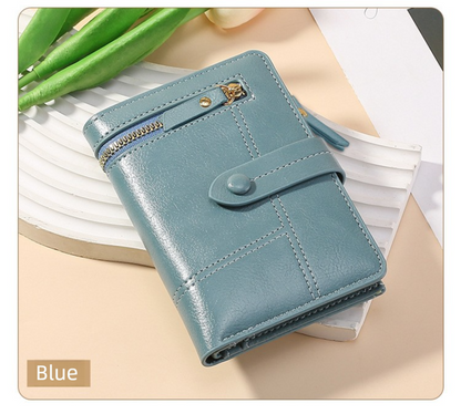 Blue Soft PU Leather Women's Wallet - Compact Foldable Wallet with Multiple Card Slots and Zippered V888-ELOSUNG47019