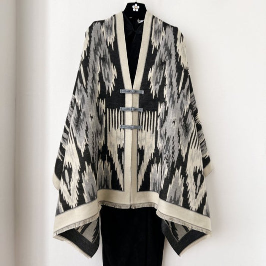 Black New Style Buttoned Shawl - Double-Sided Winter Scarf with Ethnic Pattern, Faux Cashmere Feel for Travel V888-ELOSUNG47024