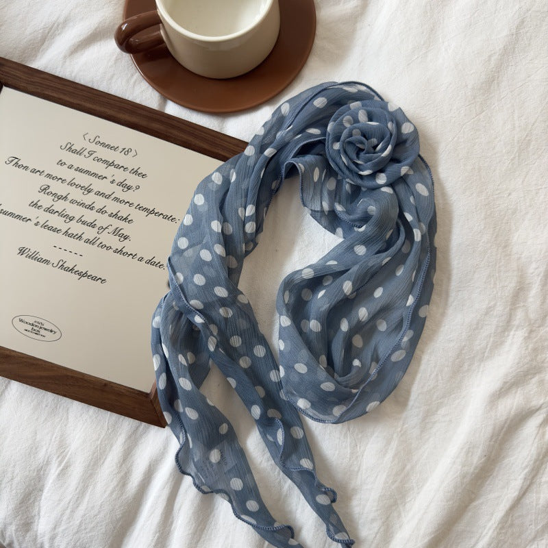 2 Pcs Blue Dot Pattern Rose Flower Thin Scarf - Elegant and Versatile Neck Wrap for Women V888-ELOSUNG47030