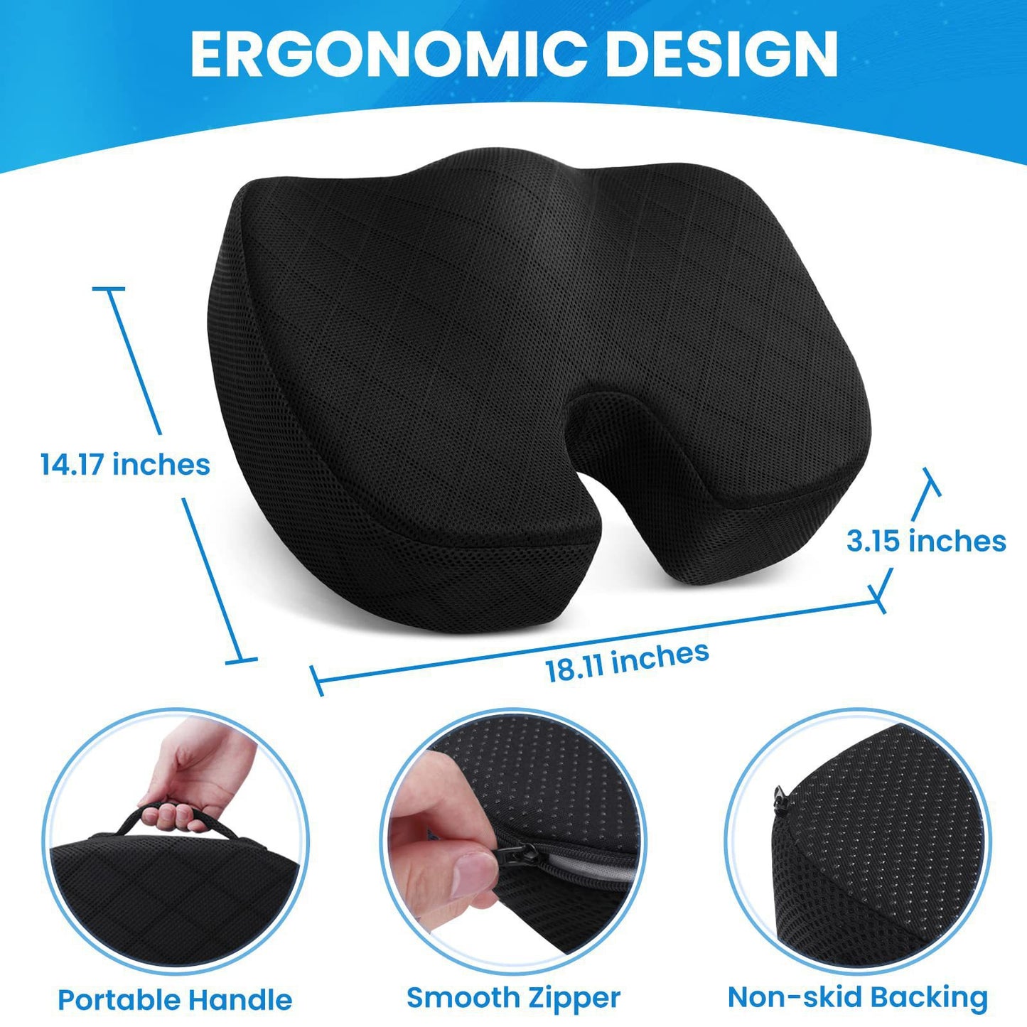 Black Memory Foam Seat Cushion - Ergonomic Support for Office, Car, Wheelchair, and Home Use V888-ELOSUNG47040
