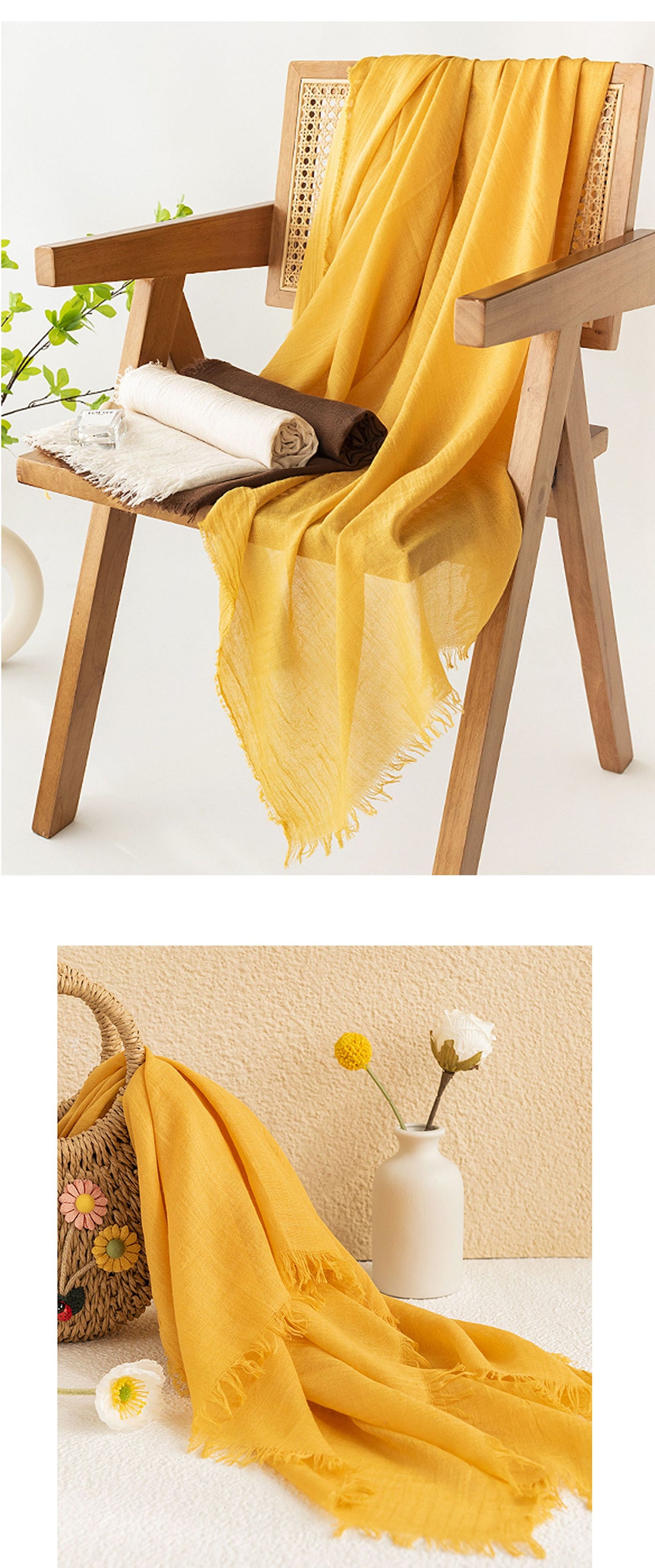 Yellow Cotton and linen scarves - Elegant, solid-color, lightweight shawls, soft and comfortable, suitable V888-ELOSUNG47042