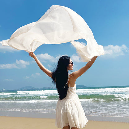 White Cotton and linen scarves - Elegant, solid-color, lightweight shawls, soft and comfortable, suitable for V888-ELOSUNG47043