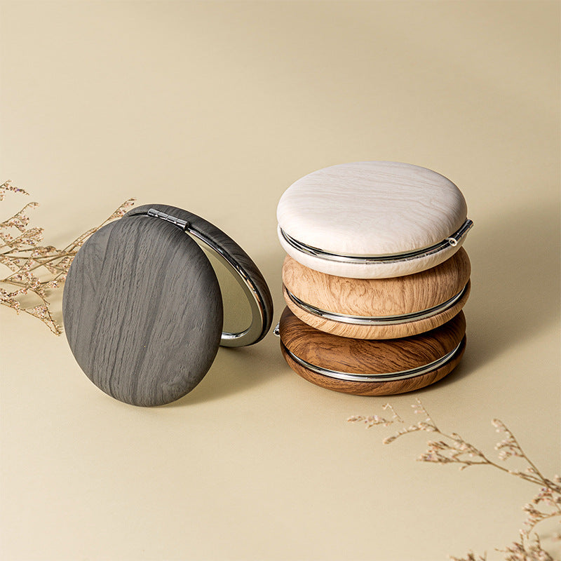2 Pcs Grey Portable Wooden-Style Makeup Mirror - Dual-Sided High-Definition Compact Mirror V888-ELOSUNG47066