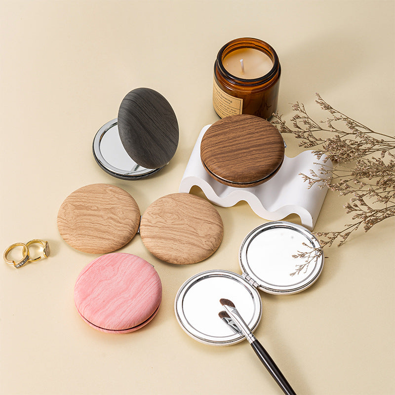 2 Pcs Beige Portable Wooden-Style Makeup Mirror - Dual-Sided High-Definition Compact Mirror V888-ELOSUNG47067