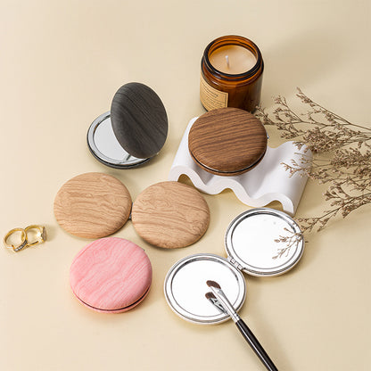 2 Pcs Khaki Portable Wooden-Style Makeup Mirror - Dual-Sided High-Definition Compact Mirror V888-ELOSUNG47068
