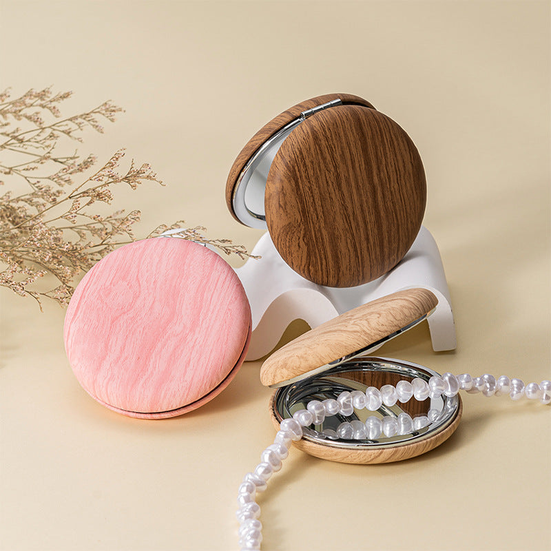 2 Pcs Khaki Portable Wooden-Style Makeup Mirror - Dual-Sided High-Definition Compact Mirror V888-ELOSUNG47068