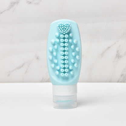 Blue Travel Silicone Refillable Bottle Set - Multi-Functional Soft-Squeeze Dispenser with Built-in Brush V888-ELOSUNG47070