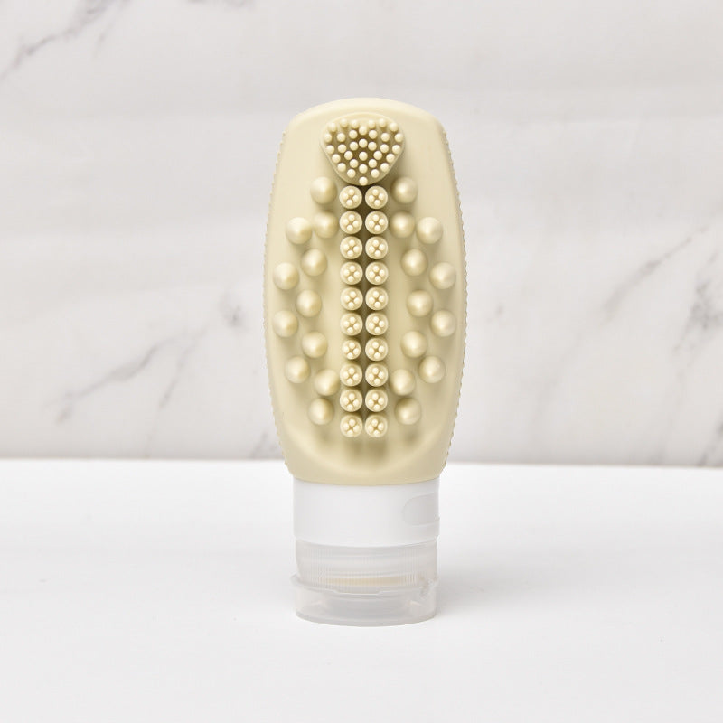 Beige Travel Silicone Refillable Bottle Set - Multi-Functional Soft-Squeeze Dispenser with Built-in Brush V888-ELOSUNG47074