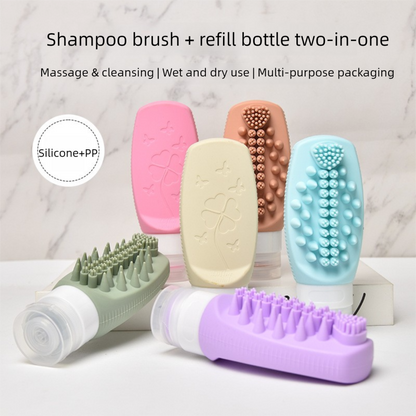 Beige Travel Silicone Refillable Bottle Set - Multi-Functional Soft-Squeeze Dispenser with Built-in Brush V888-ELOSUNG47074