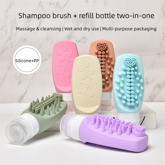 Beige Travel Silicone Refillable Bottle Set - Multi-Functional Soft-Squeeze Dispenser with Built-in Brush V888-ELOSUNG47074