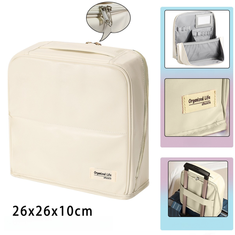 Beige Magnetic Compartmentalized Standing Cosmetic Bag - Large Capacity with Mirror, Travel Makeup Organizer V888-ELOSUNG47102