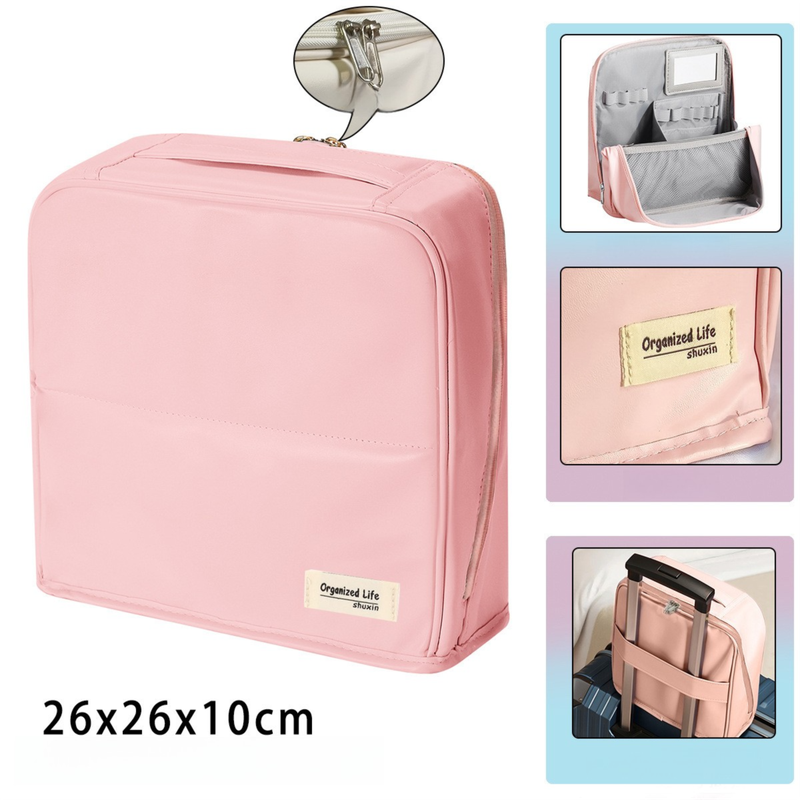 Pink Magnetic Compartmentalized Standing Cosmetic Bag - Large Capacity with Mirror, Travel Makeup Organizer V888-ELOSUNG47104