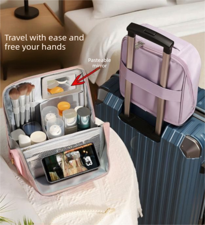 Pink Magnetic Compartmentalized Standing Cosmetic Bag - Large Capacity with Mirror, Travel Makeup Organizer V888-ELOSUNG47104