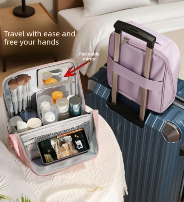Blue Magnetic Compartmentalized Standing Cosmetic Bag - Large Capacity with Mirror, Travel Makeup Organizer V888-ELOSUNG47106