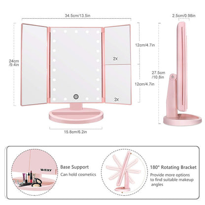 White 360 degrees Rotating LED Tri-Fold Makeup Mirror - 22-Bulb Illuminated Vanity Mirror with 1X/2X/3X V888-ELOSUNG47122