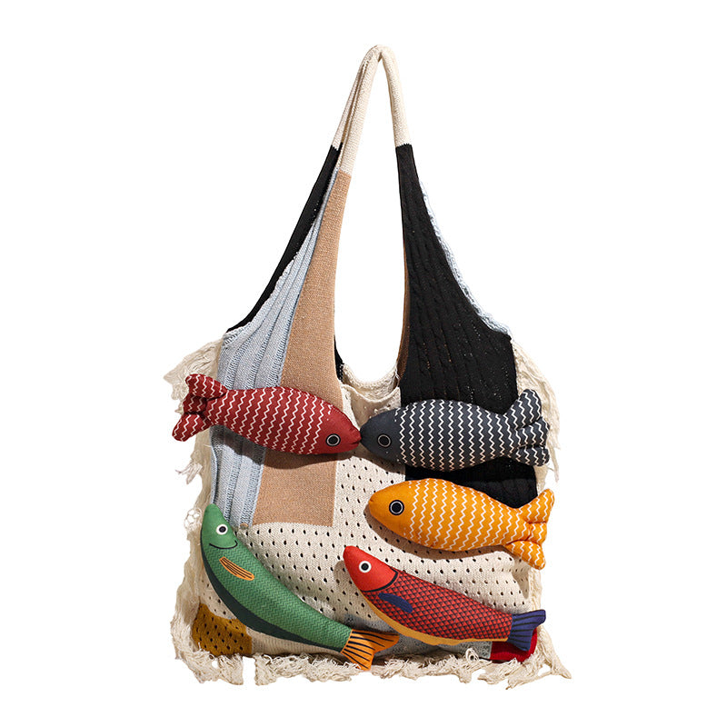 White handbag strap Knitted Patchwork Tote Bag - Spacious, Fringed, Single-Shoulder Design V888-ELOSUNG47128
