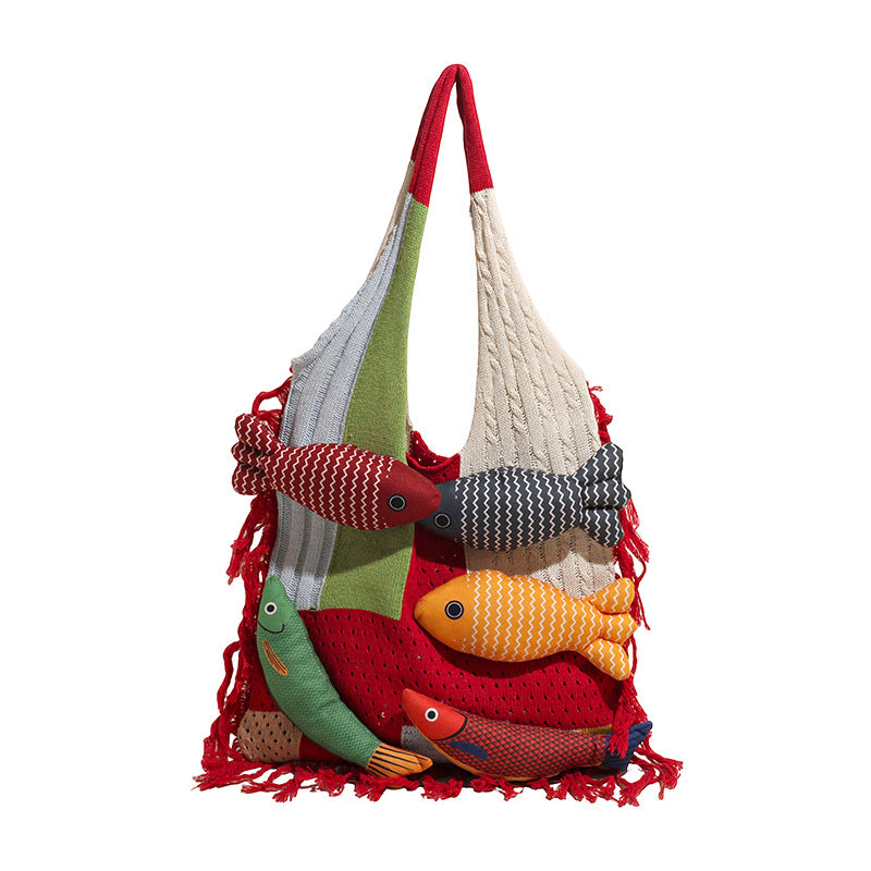 Red handbag strap Knitted Patchwork Tote Bag - Spacious, Fringed, Single-Shoulder Design V888-ELOSUNG47129