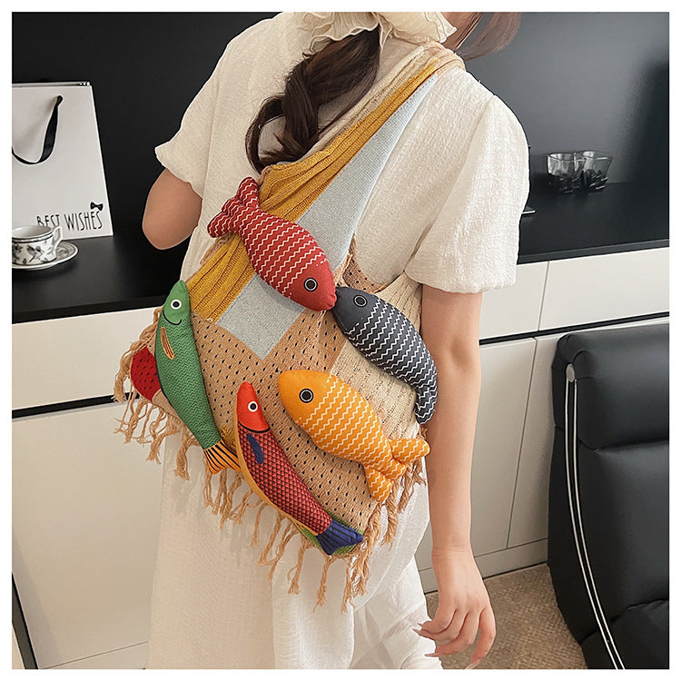 Red handbag strap Knitted Patchwork Tote Bag - Spacious, Fringed, Single-Shoulder Design V888-ELOSUNG47129