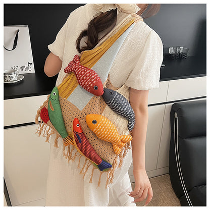 Red handbag strap Knitted Patchwork Tote Bag - Spacious, Fringed, Single-Shoulder Design V888-ELOSUNG47129