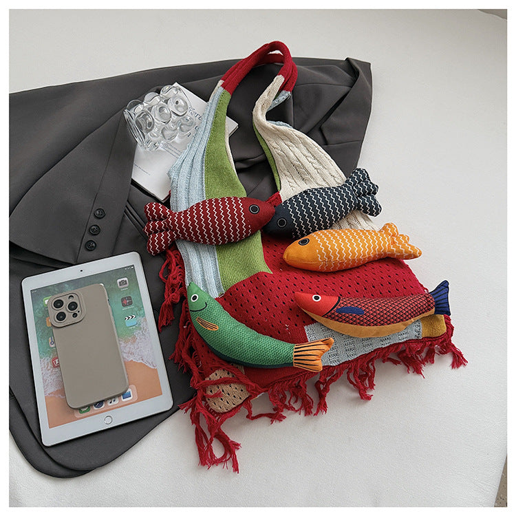 Red handbag strap Knitted Patchwork Tote Bag - Spacious, Fringed, Single-Shoulder Design V888-ELOSUNG47129