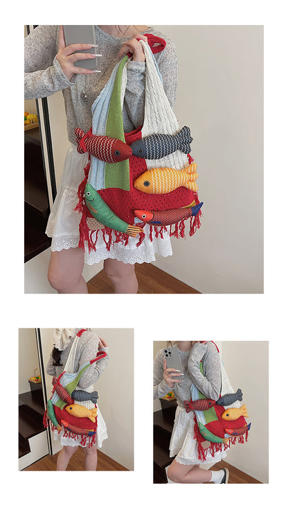 Red handbag strap Knitted Patchwork Tote Bag - Spacious, Fringed, Single-Shoulder Design V888-ELOSUNG47129