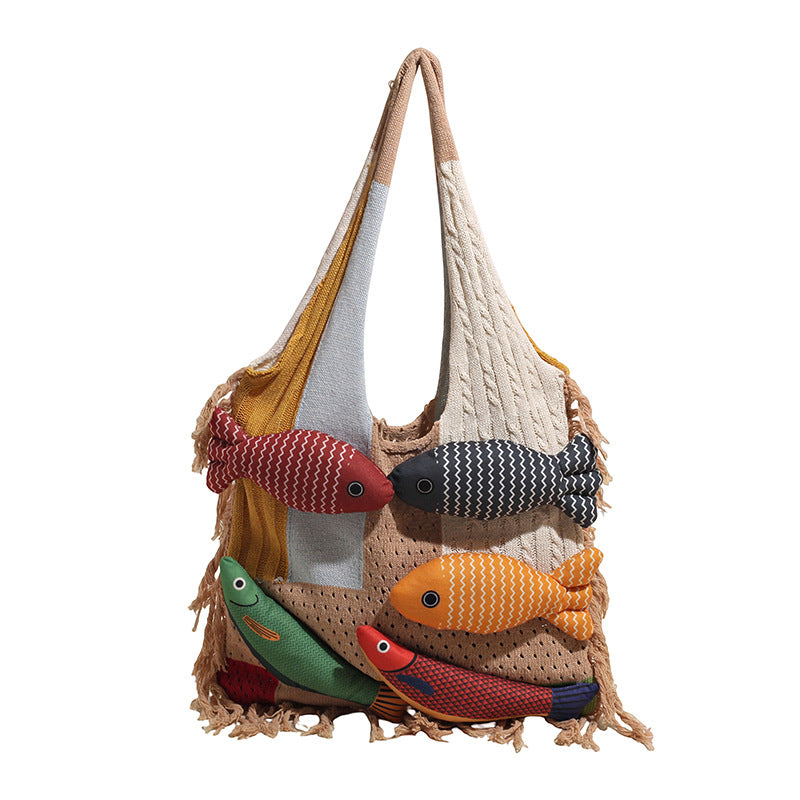 Khaki handbag strap Knitted Patchwork Tote Bag - Spacious, Fringed, Single-Shoulder Design V888-ELOSUNG47130