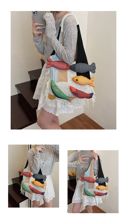 Khaki handbag strap Knitted Patchwork Tote Bag - Spacious, Fringed, Single-Shoulder Design V888-ELOSUNG47130