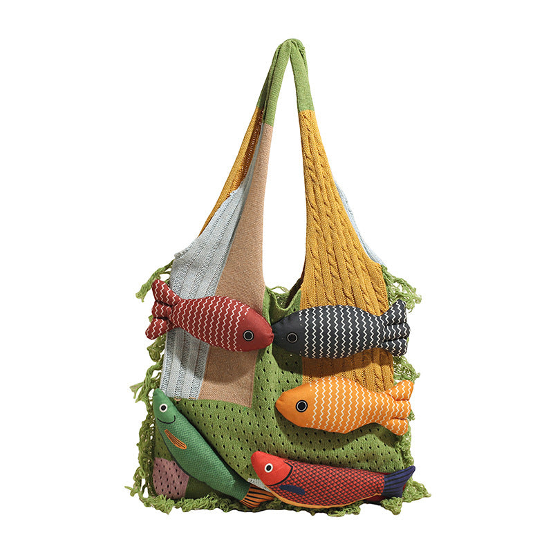 Green handbag strap Knitted Patchwork Tote Bag - Spacious, Fringed, Single-Shoulder Design V888-ELOSUNG47131