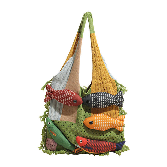 Green handbag strap Knitted Patchwork Tote Bag - Spacious, Fringed, Single-Shoulder Design V888-ELOSUNG47131