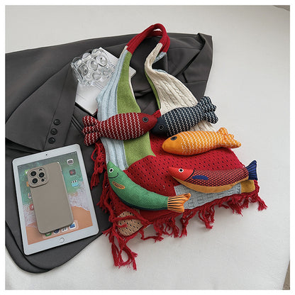 Green handbag strap Knitted Patchwork Tote Bag - Spacious, Fringed, Single-Shoulder Design V888-ELOSUNG47131