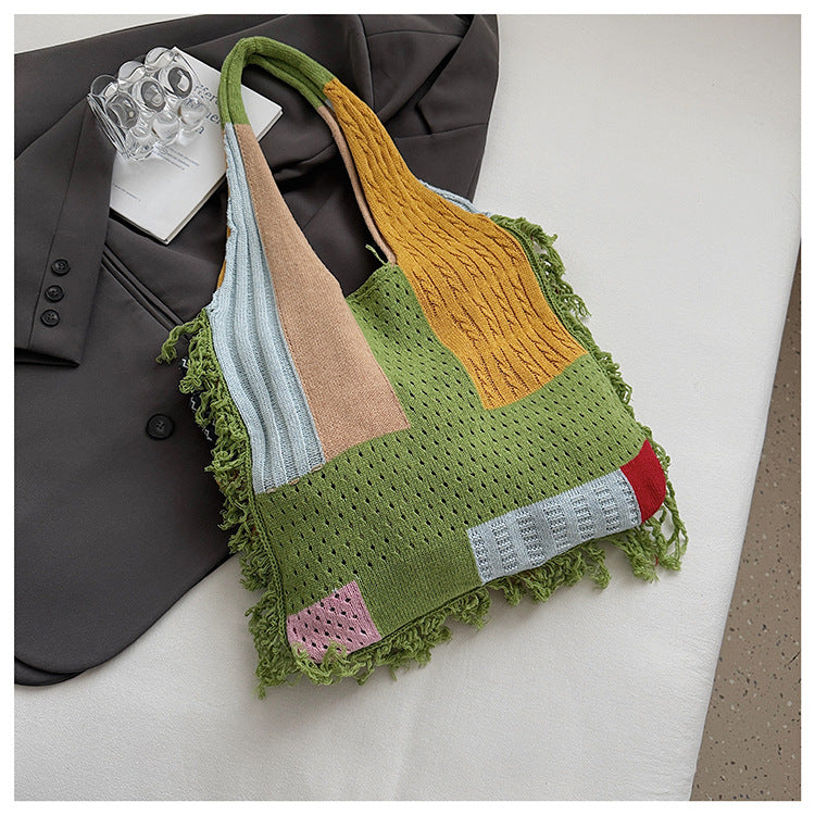 Green handbag strap Knitted Patchwork Tote Bag - Spacious, Fringed, Single-Shoulder Design V888-ELOSUNG47131