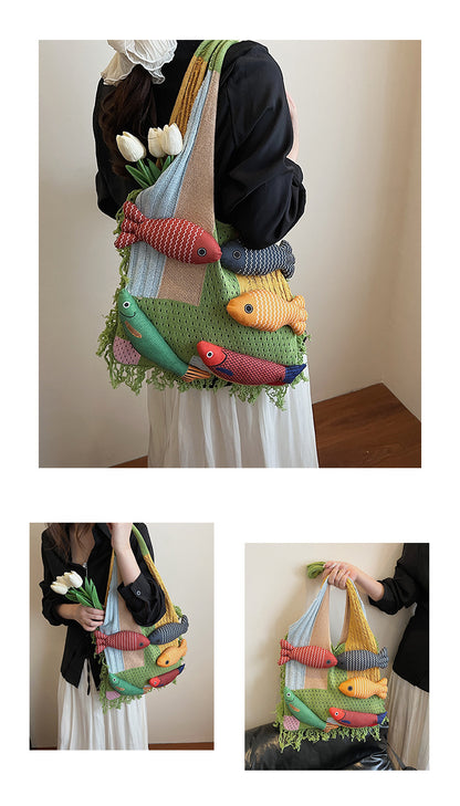 Green handbag strap Knitted Patchwork Tote Bag - Spacious, Fringed, Single-Shoulder Design V888-ELOSUNG47131